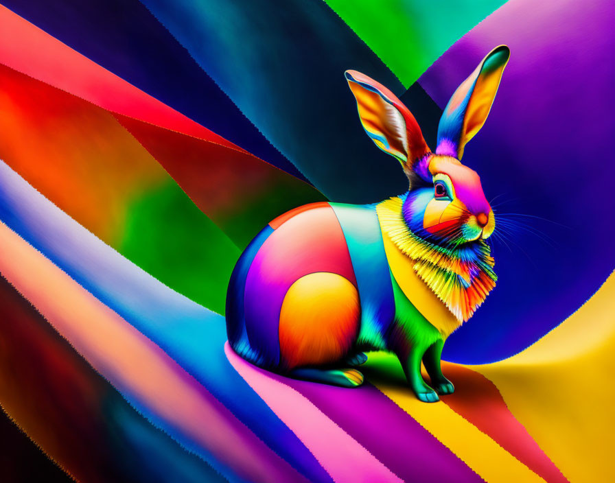 Colorful Glossy Rabbit Against Rainbow Backdrop