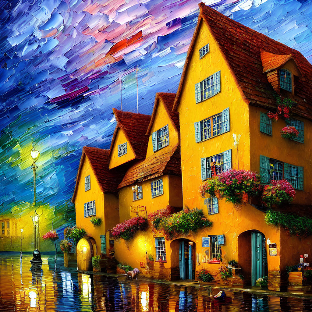 Colorful painting of yellow old-world houses with flowering window boxes under a textured sky, reflecting on wet