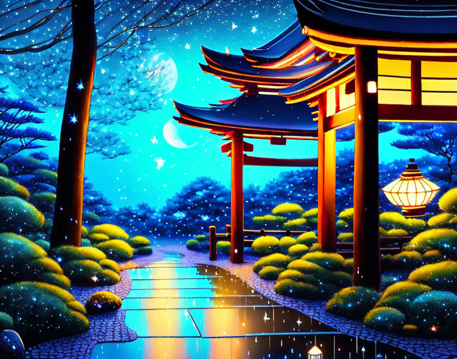 Moonlit Japanese gate and lantern in serene night scene