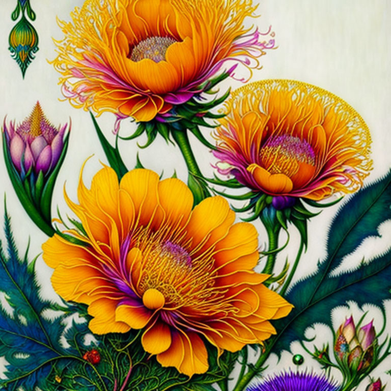 Detailed orange-yellow flower illustration on white background