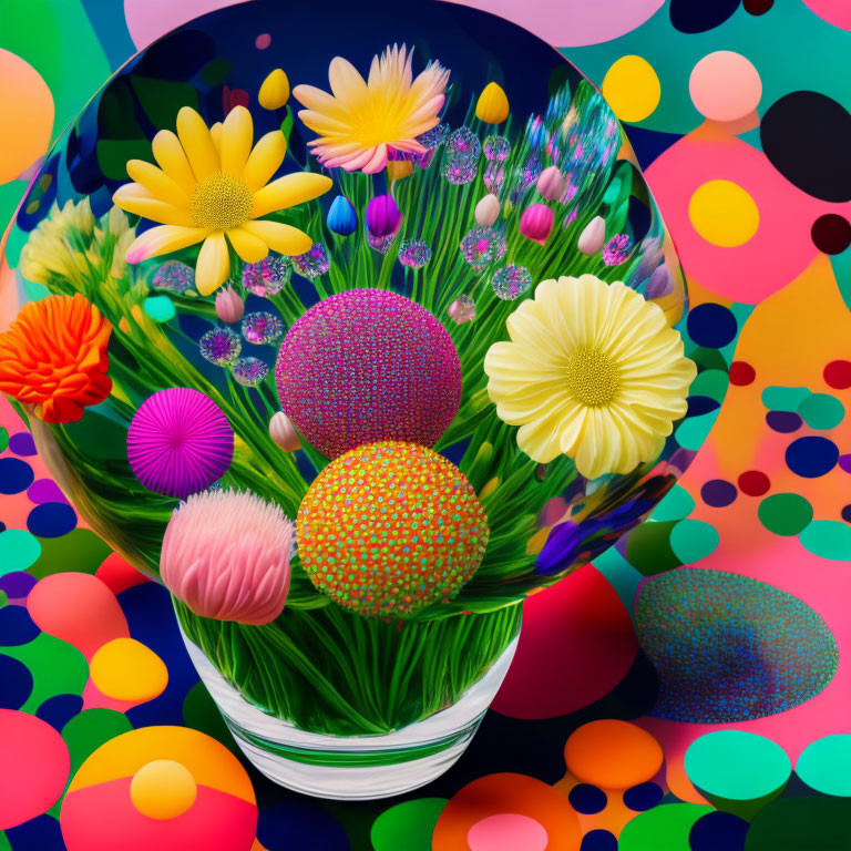 Colorful digital artwork: Clear vase, stylized flowers, spheres on polka-dotted background