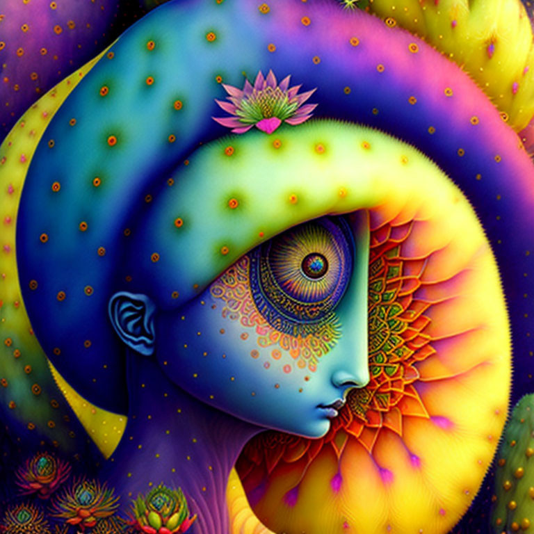 Colorful Psychedelic Art: Blue Face with Elaborate Eye and Lotus Flower