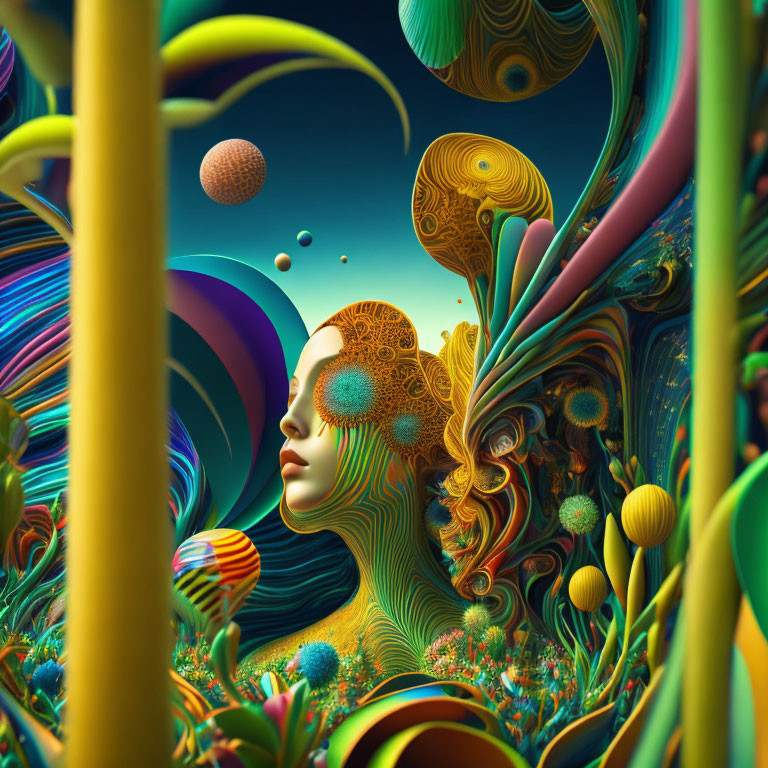 Vibrant surreal artwork: woman's face merges with psychedelic patterns