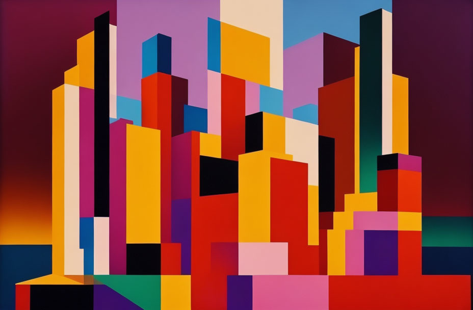 Vibrant geometric cityscape painting on gradated background