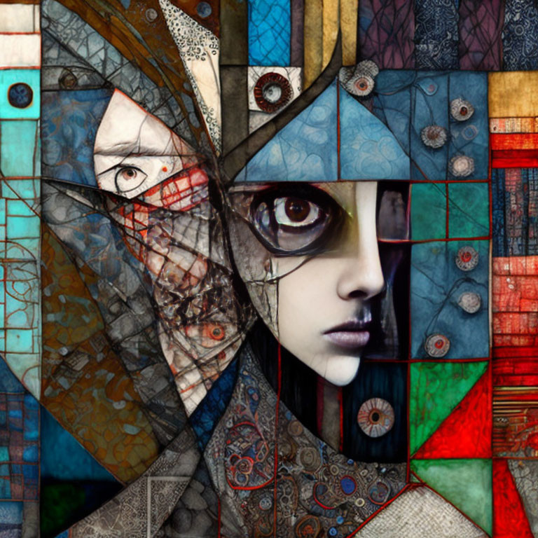 Surrealist digital collage of woman's face with patterns and shapes