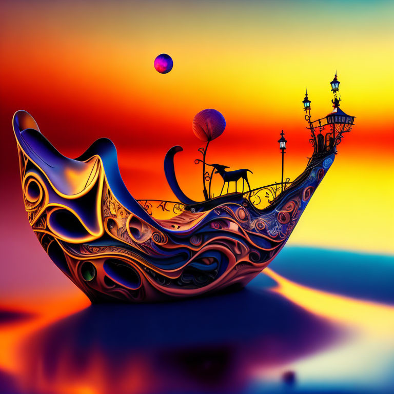 Vibrant surreal digital artwork: colorful landscape with boat-like structure, street lamps, cat, abstract