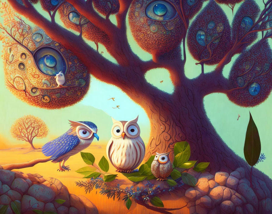 Three Owls Under Whimsical Tree in Sunset Landscape