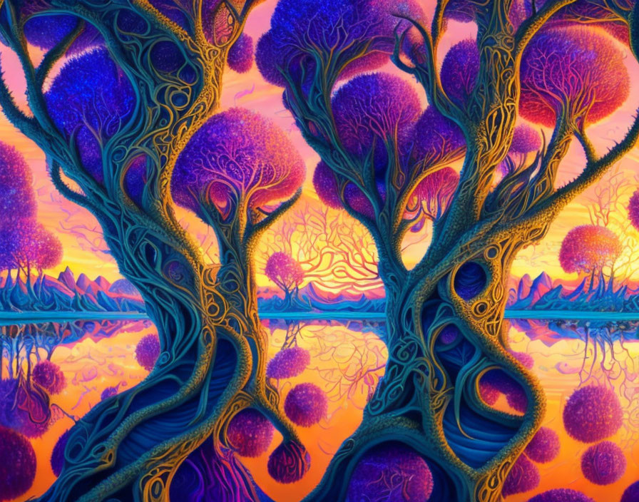 Colorful surreal landscape with twisting trees and reflective water at sunset