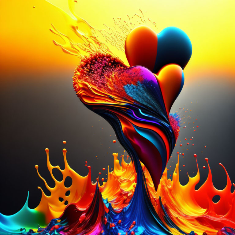Colorful Splash Artwork: Heart Balloons in Liquid Shapes on Orange Background