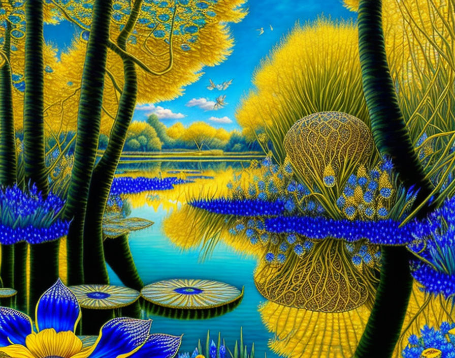 Colorful fantasy landscape with whimsical trees, serene river, and floating lotus pads