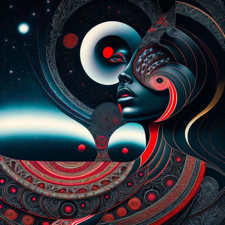Digital artwork: Woman's profile merges with cosmic & tribal designs in bold reds on dark space background