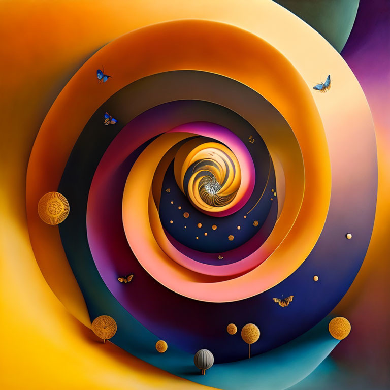 Colorful Abstract Spiral with Butterflies and Spherical Objects