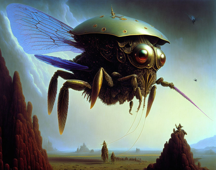 Steampunk-inspired surreal painting of oversized mechanical insect flying over barren landscape