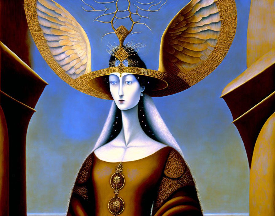 Surreal figure with angelic wings and regal outfit on blue backdrop