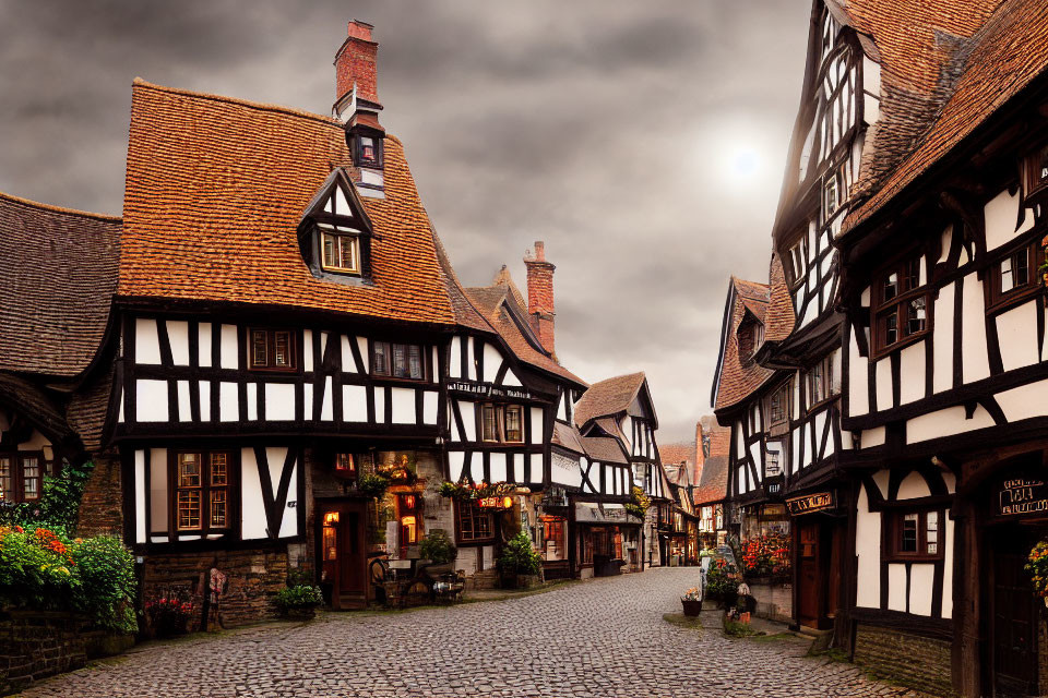 Traditional half-timbered houses on charming cobblestone street under dramatic sky