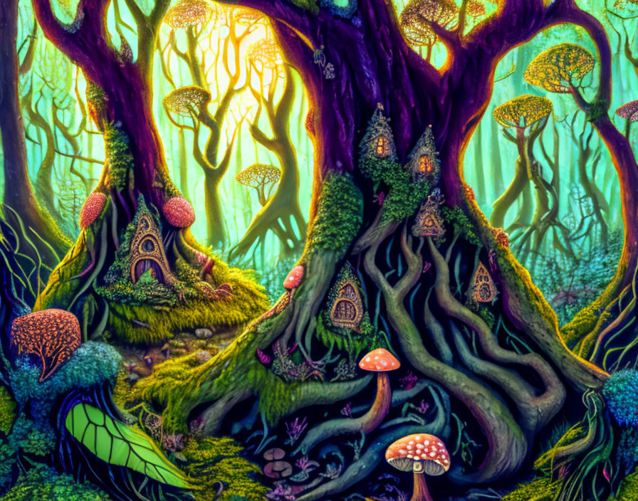 Vibrant digital painting of magical forest with purple trees and glowing mushrooms