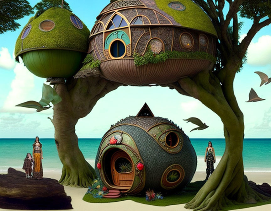 Unique treehouse with spherical structures near beach and two people.