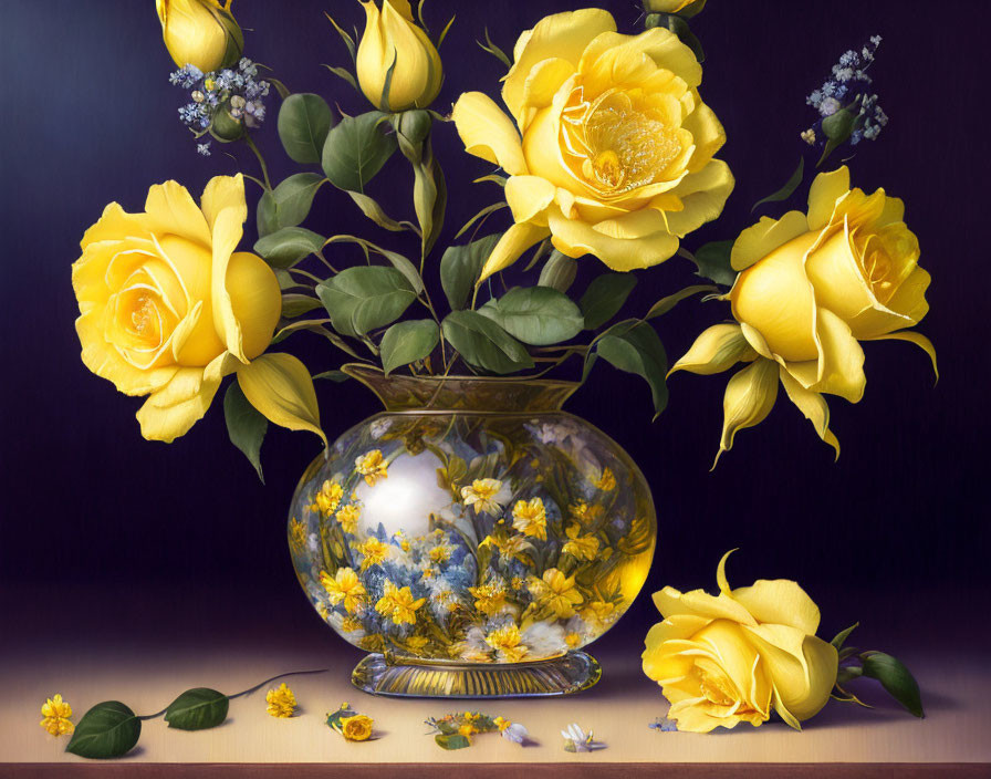Vibrant yellow roses and daisies in glass vase on purple backdrop