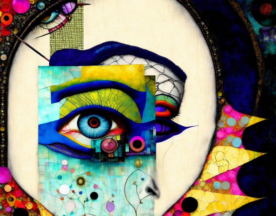 Colorful Abstract Art Featuring Surreal Eyes and Geometric Shapes