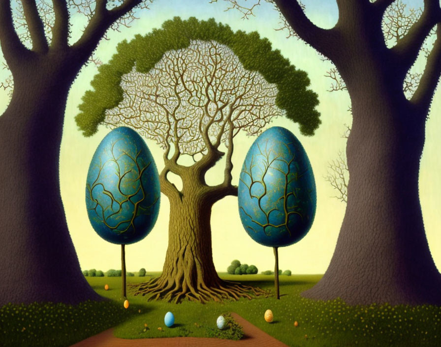Whimsical landscape with large blue eggs and tree patterns
