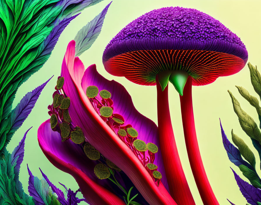 Colorful surreal illustration of large purple mushroom and pink floral structure