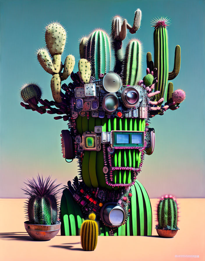 Surreal cactus art with electronics on pastel background