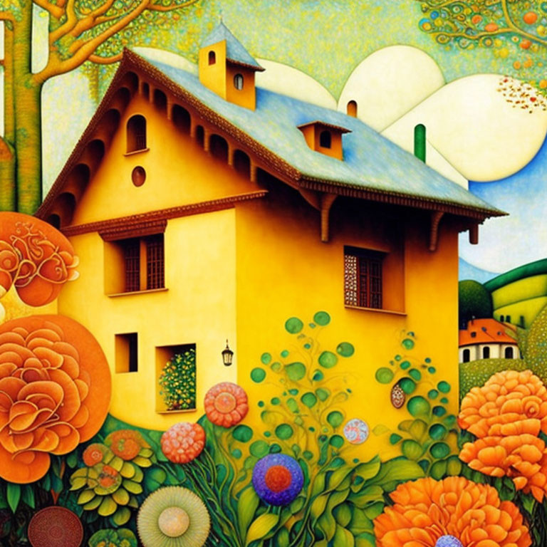 Colorful painting of yellow house, flowers, trees under blue sky