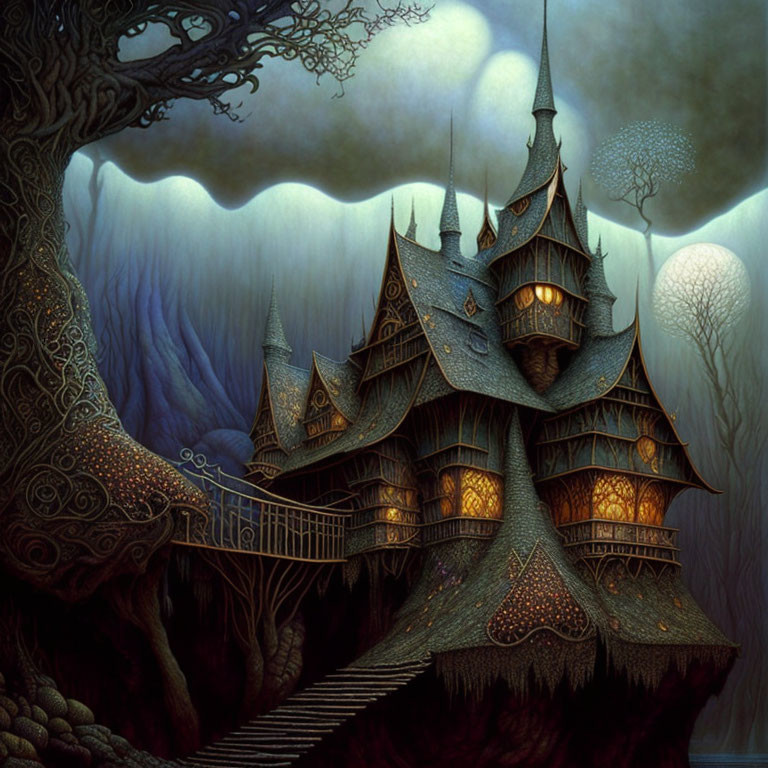 Eerie Gothic-style house in dark forest under moonlit sky