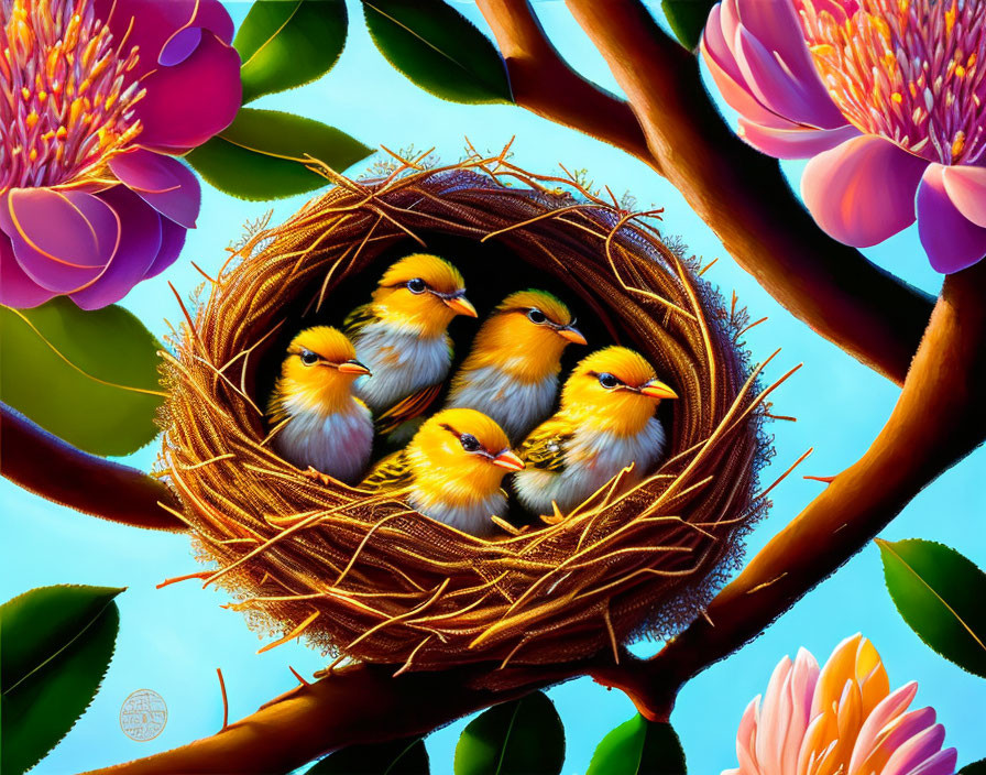Five Yellow Chicks in Nest with Pink Flowers on Blue Sky