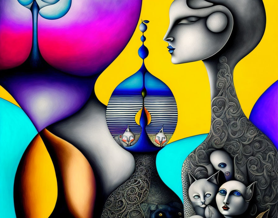Colorful surreal artwork: elongated figures, faces, patterns, and silhouette scene.