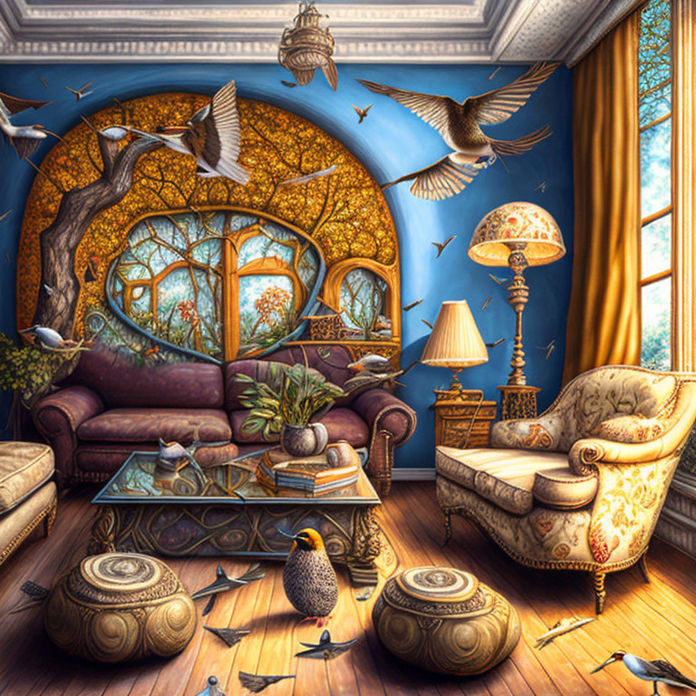 Bird-themed decor in whimsical room with tree mural, flying and perched birds, elegant furniture,