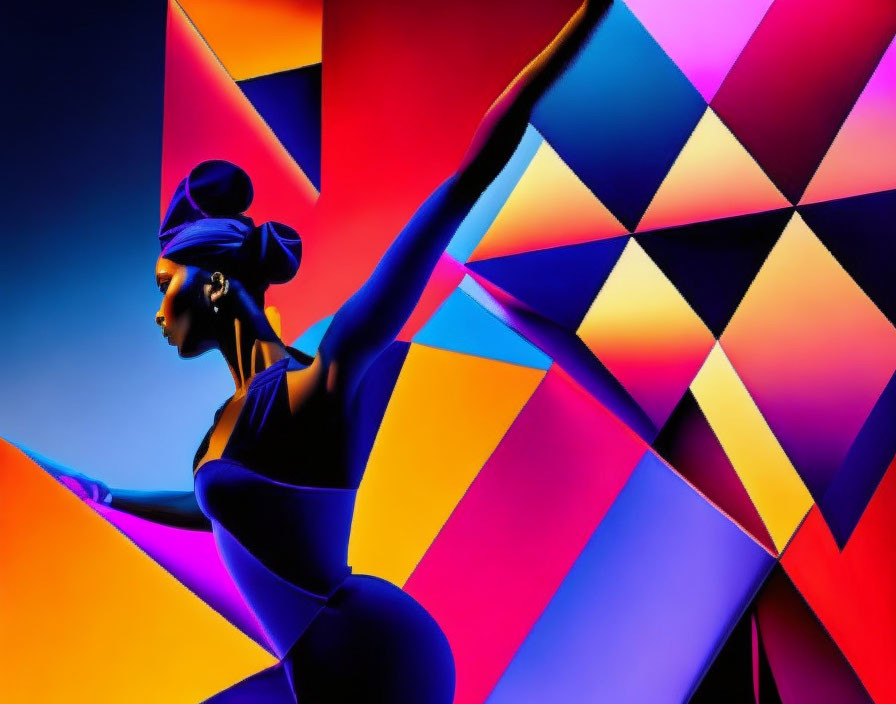 Silhouette of woman against vibrant multicolored triangles poses with extended arms in bodysuit and head