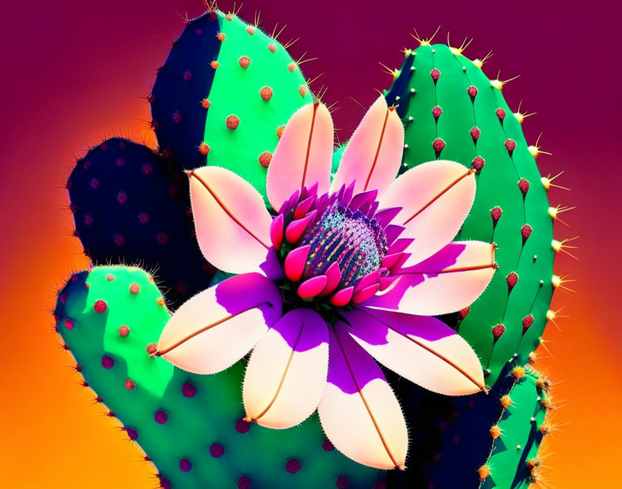Colorful Digital Artwork: Cactus with Purple Flower on Orange Background
