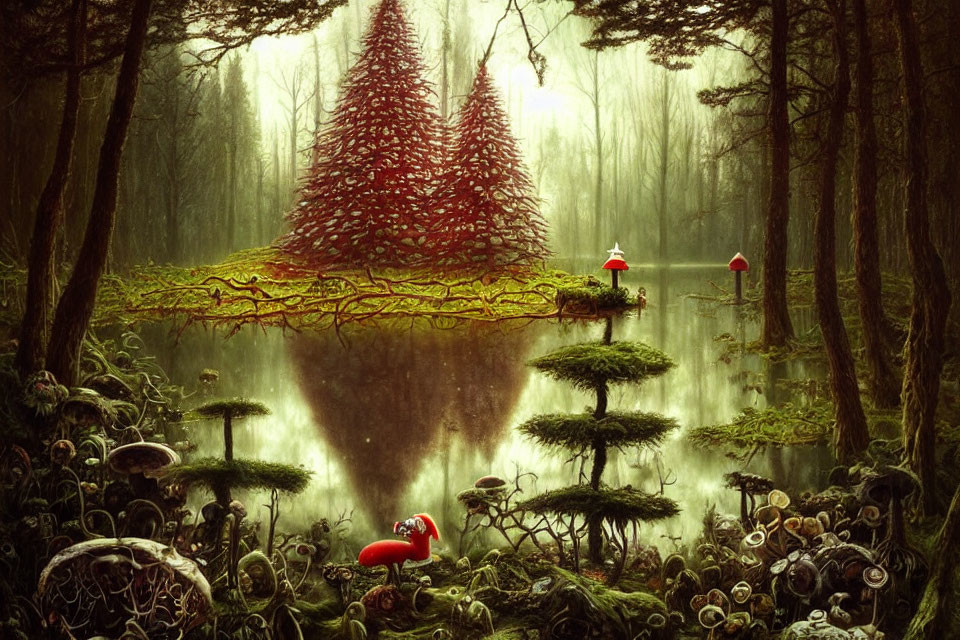 Misty pond and red mushrooms in surreal forest scene
