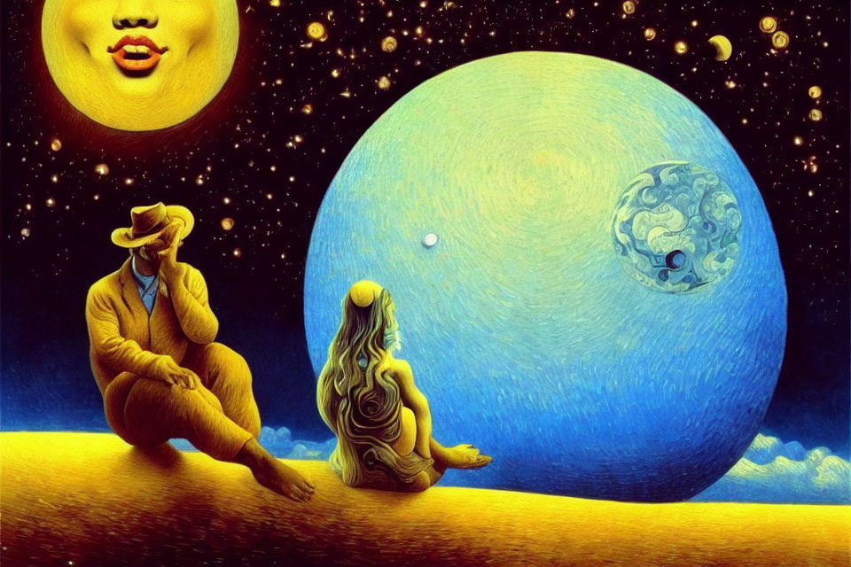 Two individuals contemplate surreal blue planet with stars, moon, and face.