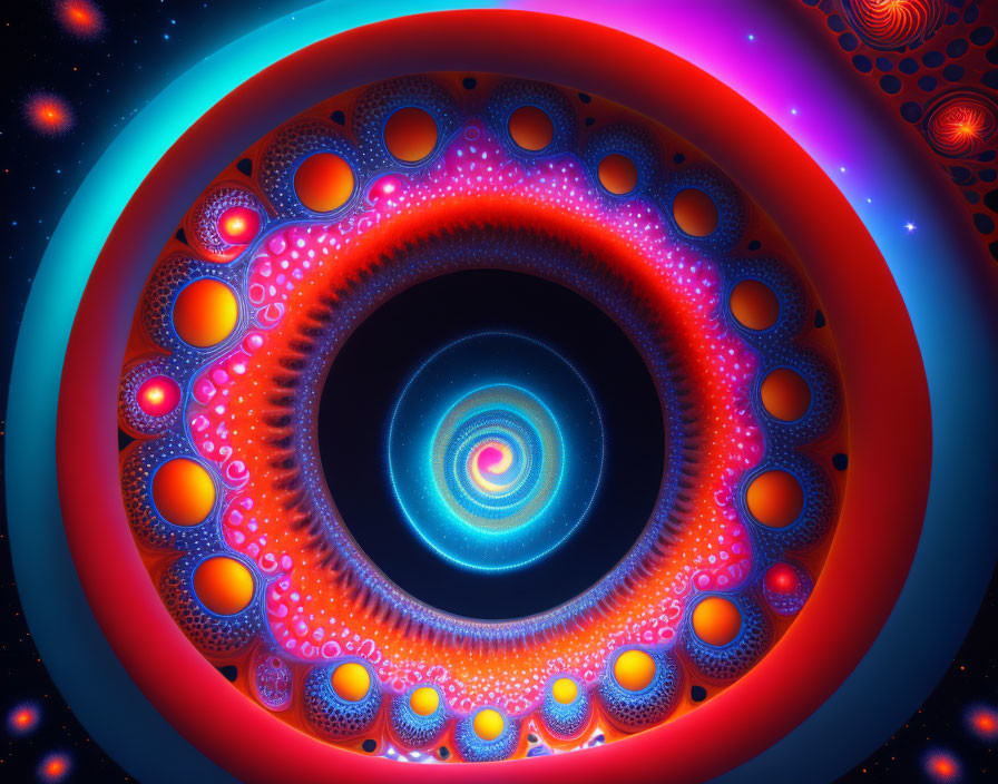 Colorful Psychedelic Digital Art: Spiral Center with Circular Designs