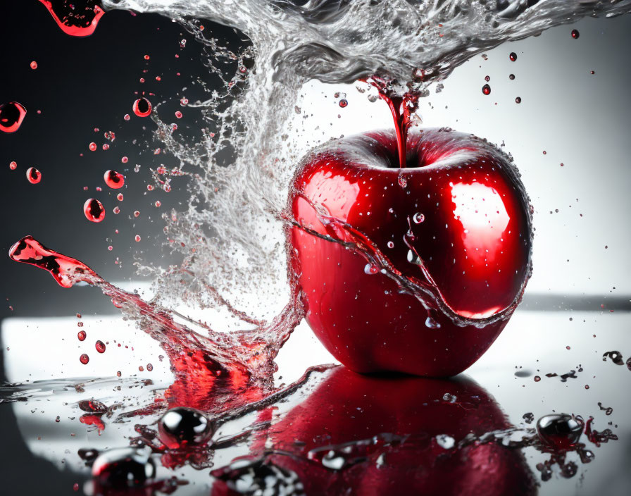 Vibrant red apple with water droplets on reflective surface