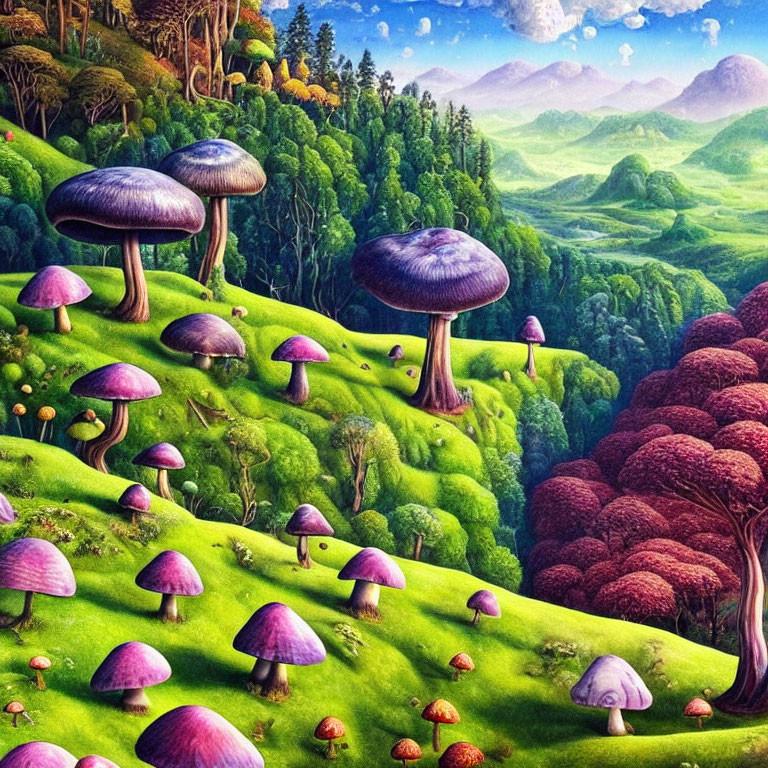 Whimsical landscape with oversized mushrooms and lush hills
