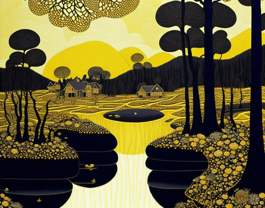 Yellow and Black Stylized Landscape with Trees, Houses, and Pond