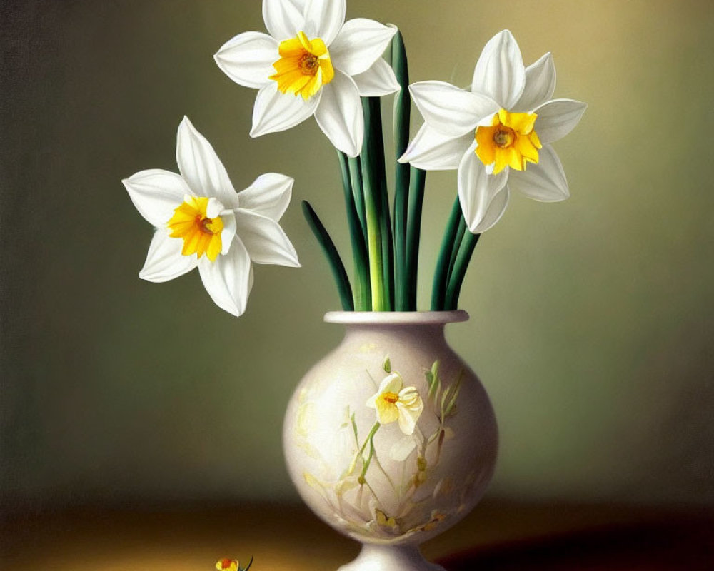 Realistic painting of five white daffodils in ornate vase