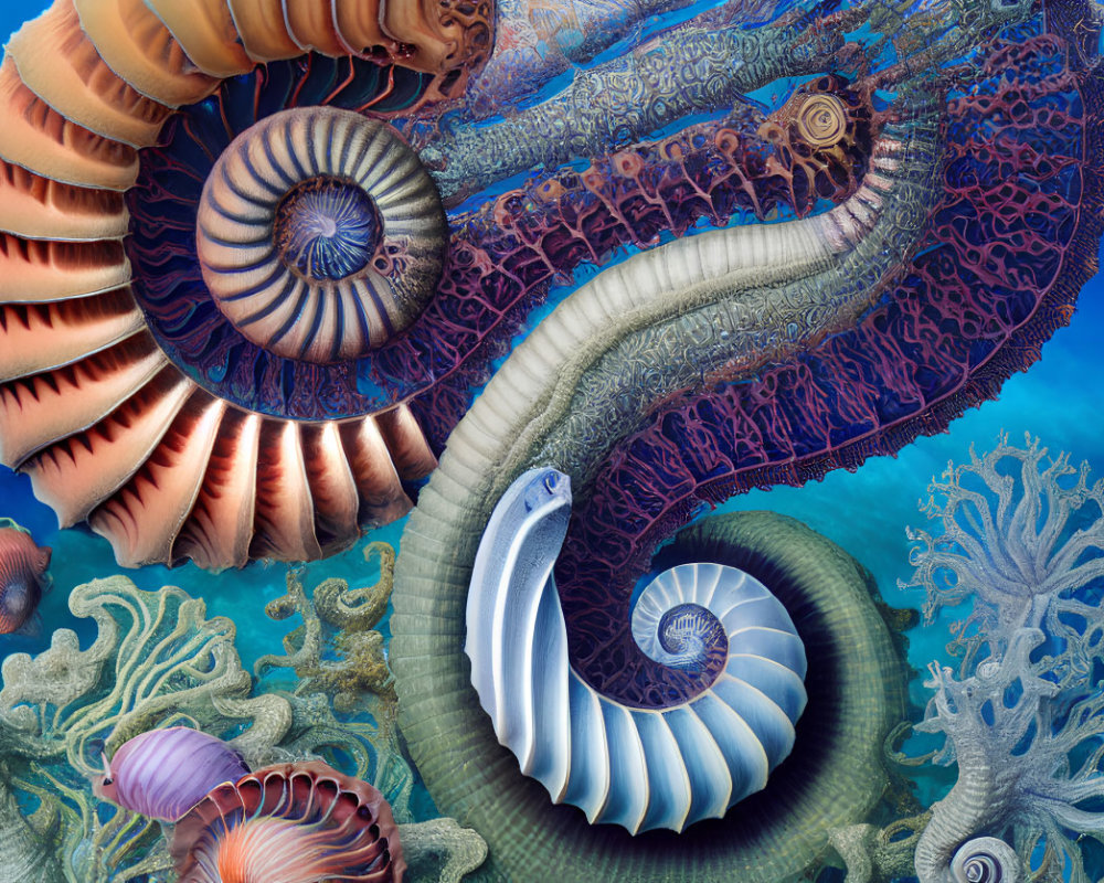 Colorful Nautilus Shell Spiral Art Against Deep Blue Ocean Background