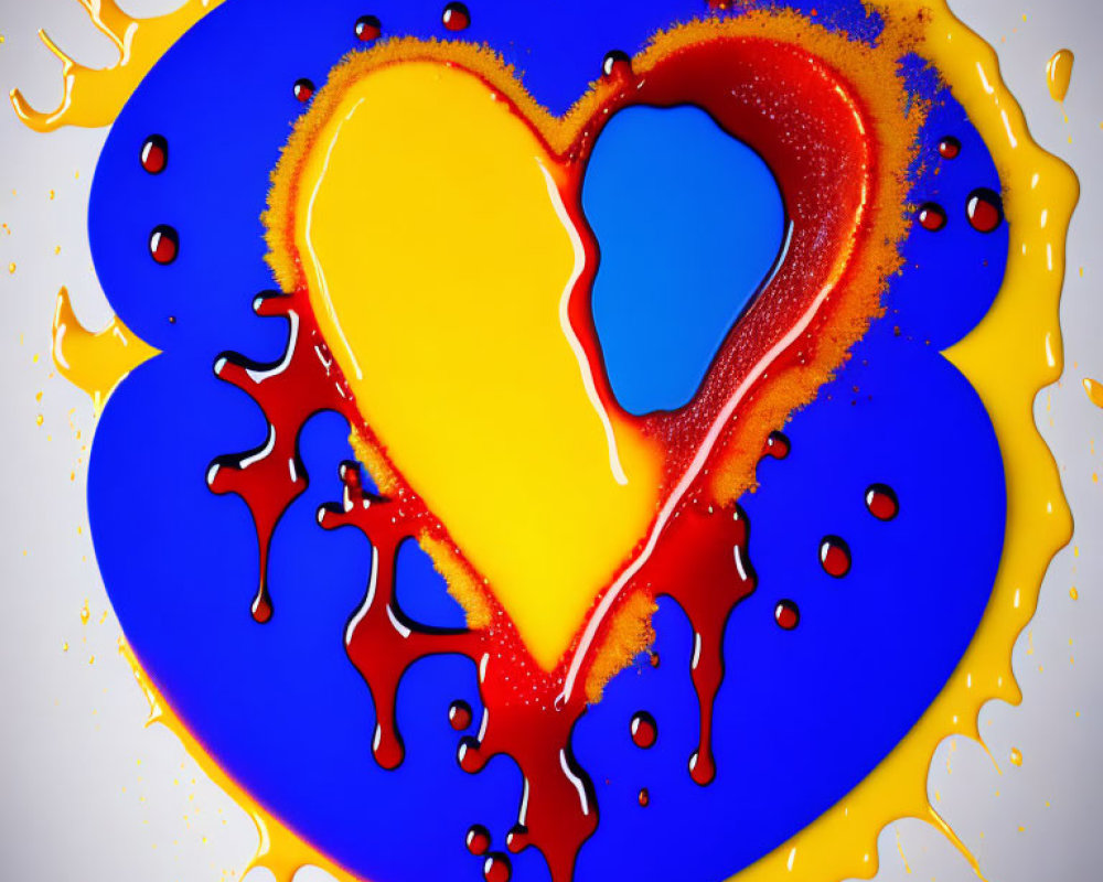 Vibrant Red and Blue Heart Design with Yellow and Orange Splatters