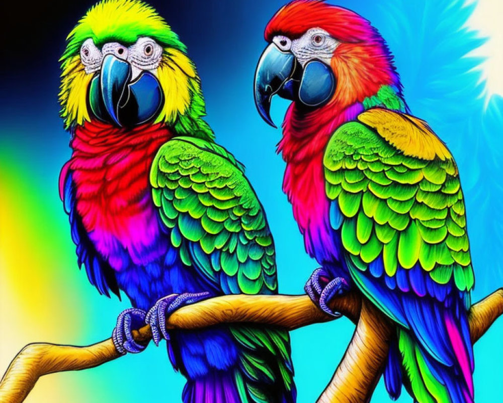 Colorful digital artwork featuring two neon-bright parrots on a branch.
