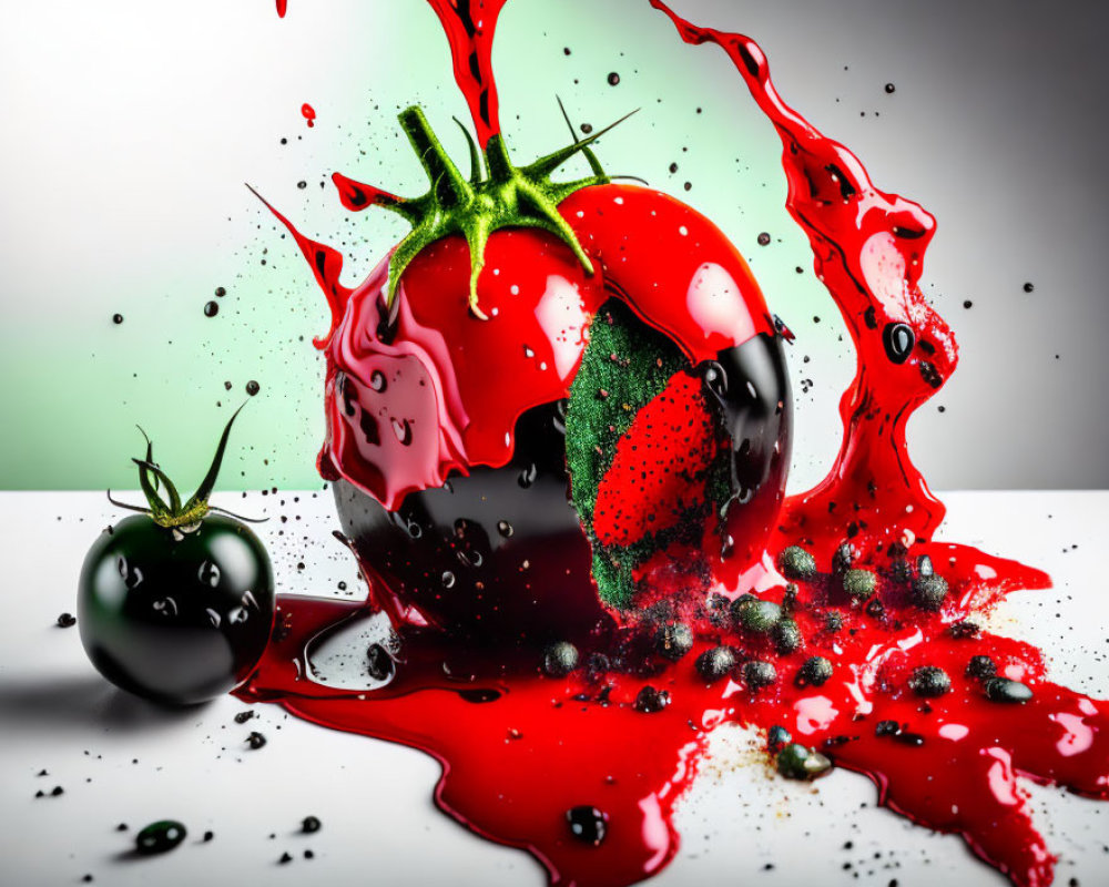 Fresh Tomato Splattering with Red Juice on Dual Background