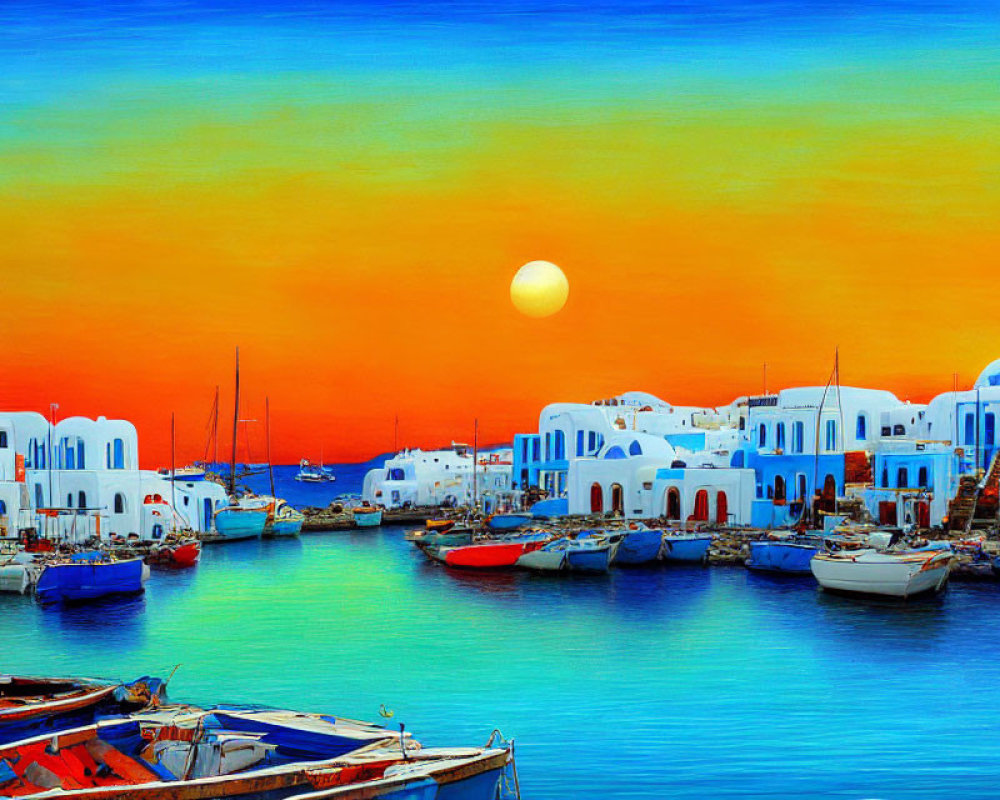 Colorful Coastal Mediterranean Scene with White Buildings and Boats at Sunset