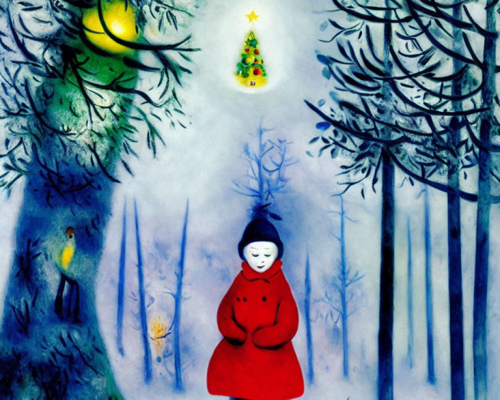 Whimsical winter scene with person in red coat, snowy forest, Christmas tree, and snowman