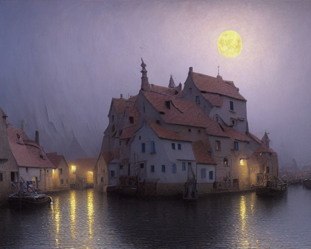 European-style village at night by calm river under moonlight