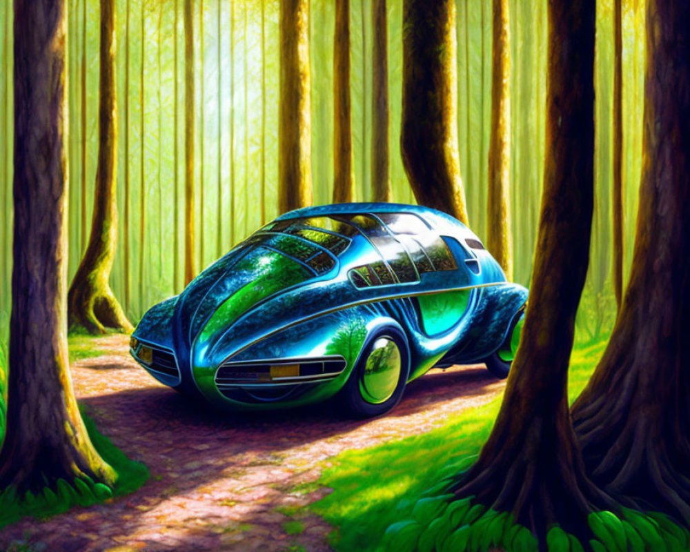 Futuristic blue car parked on forest path with tall green trees.