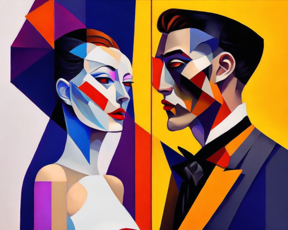 Vibrant geometric abstract painting of man and woman in gaze.