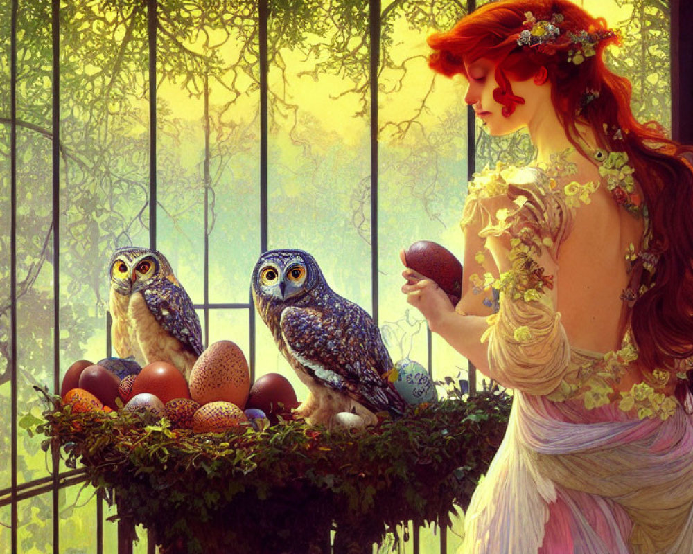 Fantasy illustration of woman with red hair by window with owls and eggs in forest.